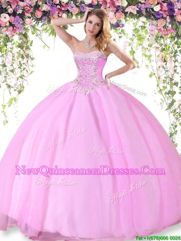 Dramatic Rose Pink Sweetheart Lace Up Beading Sweet 16 Dress Sleeveless