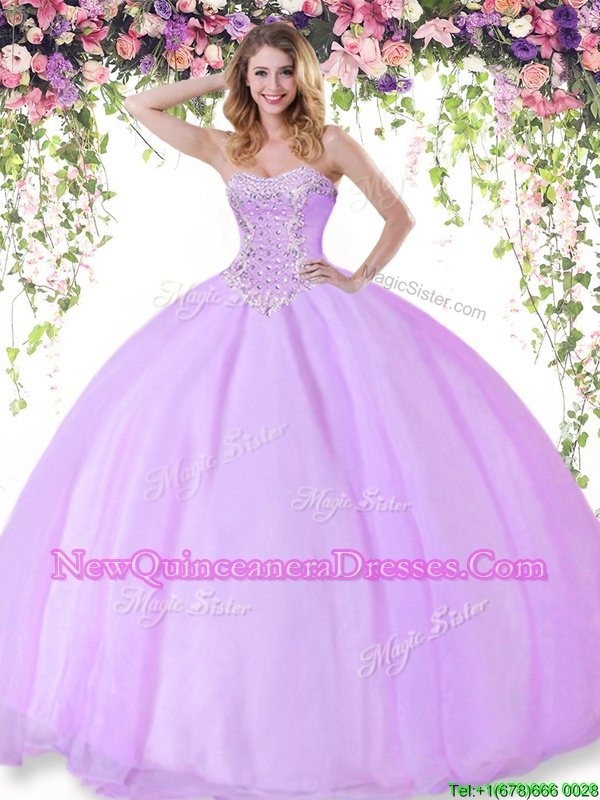 Dazzling Lilac Sleeveless Beading Floor Length 15th Birthday Dress