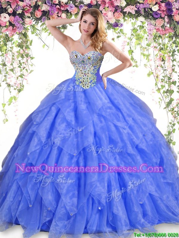 Attractive Blue Sleeveless Floor Length Beading and Ruffles Lace Up Quinceanera Gowns