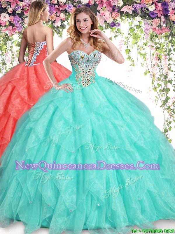 Sleeveless Organza Floor Length Lace Up Quinceanera Gown inApple Green withBeading and Ruffles