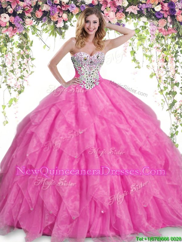 Fine Hot Pink Quinceanera Dress Military Ball and Sweet 16 and Quinceanera and For withBeading and Ruffles Sweetheart Sleeveless Lace Up