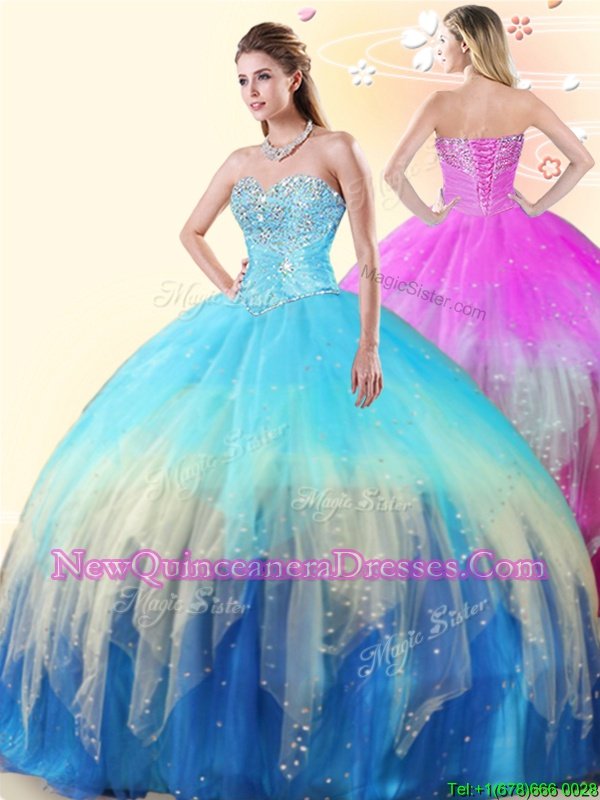 Custom Designed Multi-color Tulle Lace Up Sweet 16 Quinceanera Dress Sleeveless Floor Length Beading