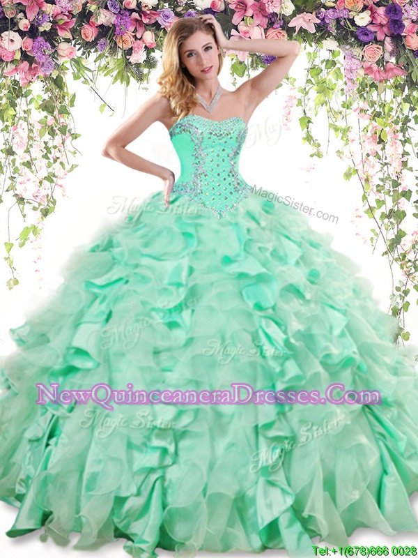 Fantastic Apple Green Sweetheart Neckline Beading and Ruffles Ball Gown Prom Dress Sleeveless Lace Up