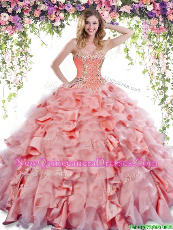 Orange Red Ball Gowns Beading and Ruffles Quince Ball Gowns Lace Up Organza and Taffeta Sleeveless Floor Length