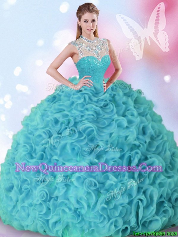 Elegant Sleeveless Floor Length Beading and Ruffles Zipper 15th Birthday Dress with Aqua Blue