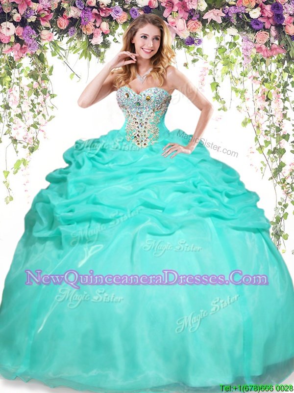 Fabulous Apple Green Organza Lace Up Quinceanera Dress Sleeveless Floor Length Beading and Pick Ups