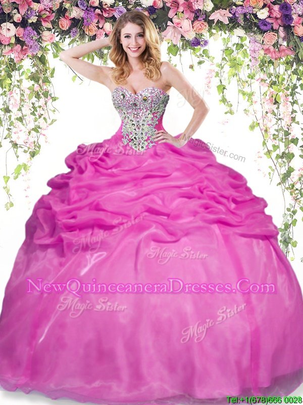 Luxury Pick Ups Hot Pink Sleeveless Organza Lace Up Quinceanera Dress for Military Ball and Sweet 16 and Quinceanera