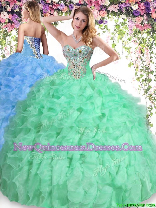 Eye-catching Organza Sweetheart Sleeveless Lace Up Beading and Ruffles Quinceanera Dresses inApple Green