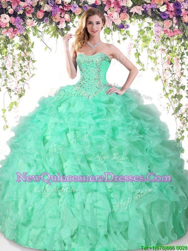 Elegant Apple Green Lace Up Sweetheart Beading and Ruffles 15th Birthday Dress Organza Sleeveless