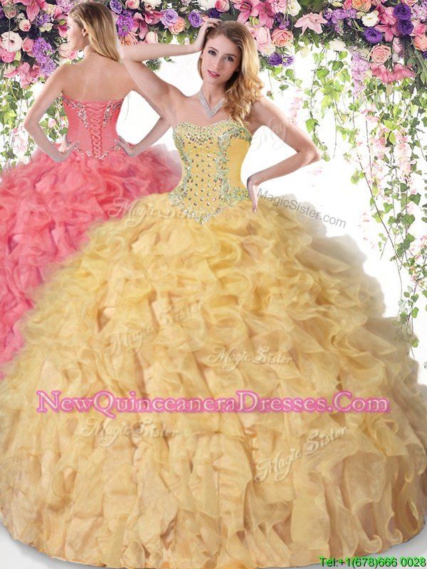 Sexy Gold Organza Lace Up Vestidos de Quinceanera Sleeveless Floor Length Beading and Ruffles