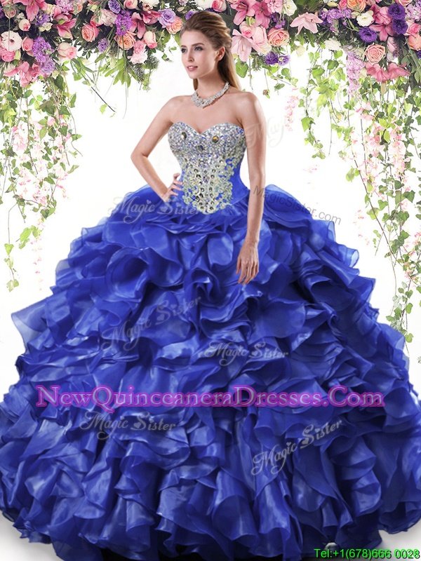 Perfect Royal Blue Sweetheart Lace Up Beading and Ruffles Quinceanera Dresses Sleeveless