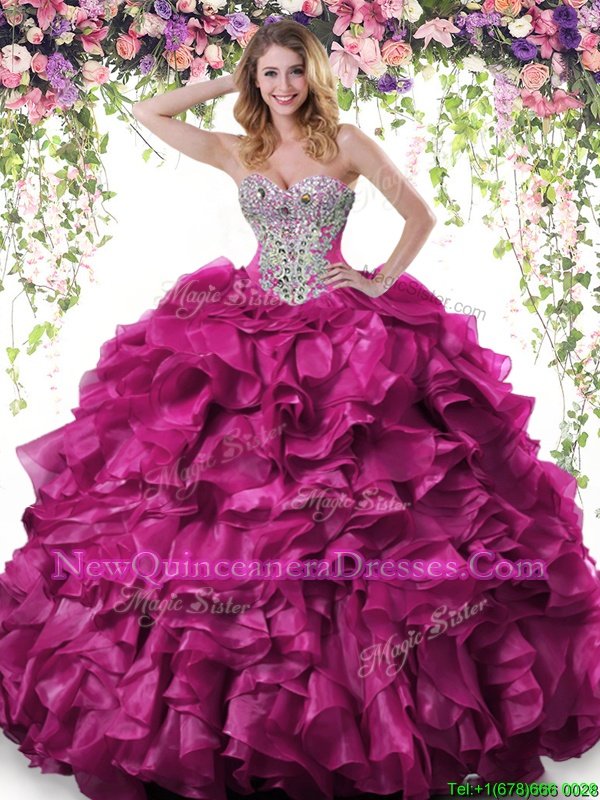 Stunning Fuchsia Ball Gowns Beading and Ruffles Vestidos de Quinceanera Lace Up Organza Sleeveless Floor Length