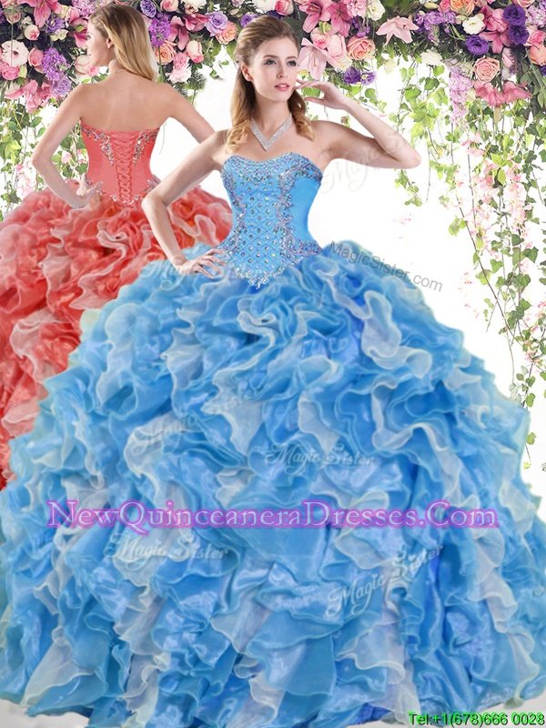 Discount Organza Sweetheart Sleeveless Lace Up Beading and Ruffles Sweet 16 Quinceanera Dress inBlue And White