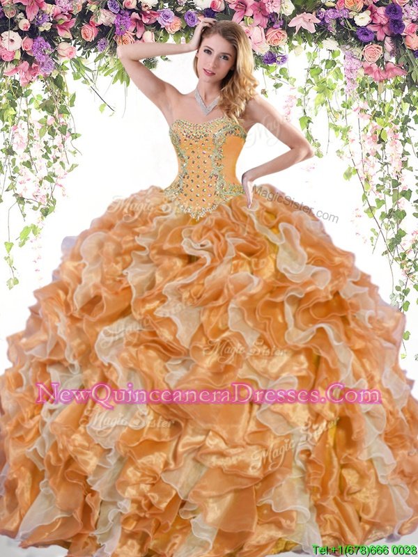 Graceful Sleeveless Floor Length Beading and Ruffles Lace Up Quinceanera Gown with White and Orange