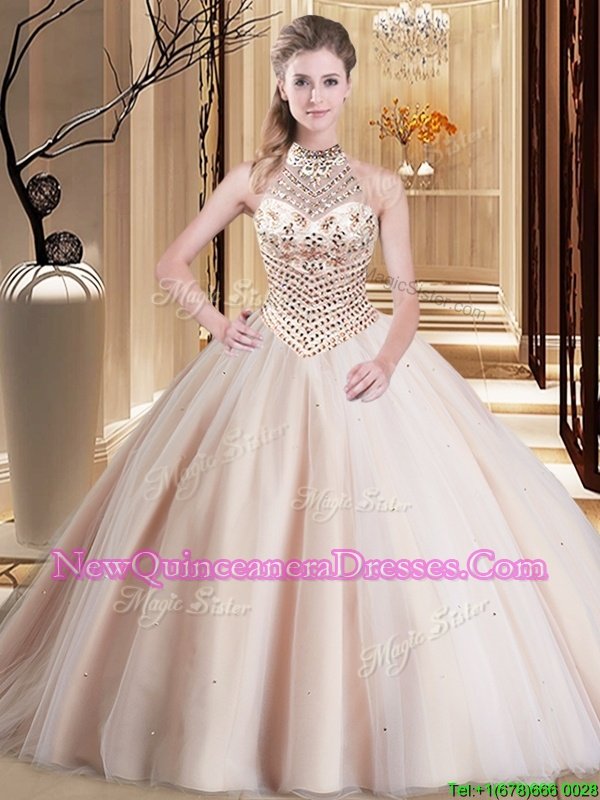 Fantastic Halter Top Pink Tulle Lace Up 15 Quinceanera Dress Sleeveless With Brush Train Beading