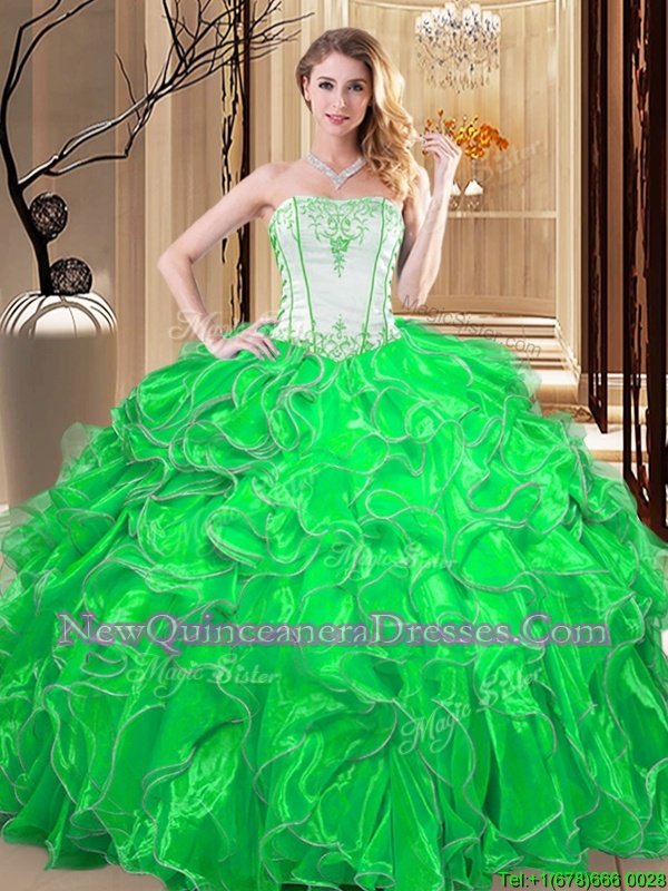 Spring Green Sleeveless Floor Length Embroidery and Ruffles Lace Up Sweet 16 Quinceanera Dress