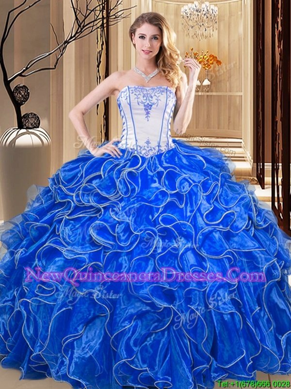 Fancy Floor Length Royal Blue Quinceanera Gown Organza Sleeveless Spring and Summer and Fall and Winter Embroidery and Ruffles