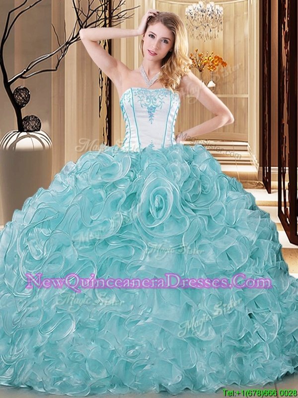 Extravagant Ball Gowns 15th Birthday Dress White and Baby Blue Strapless Organza Sleeveless Floor Length Lace Up