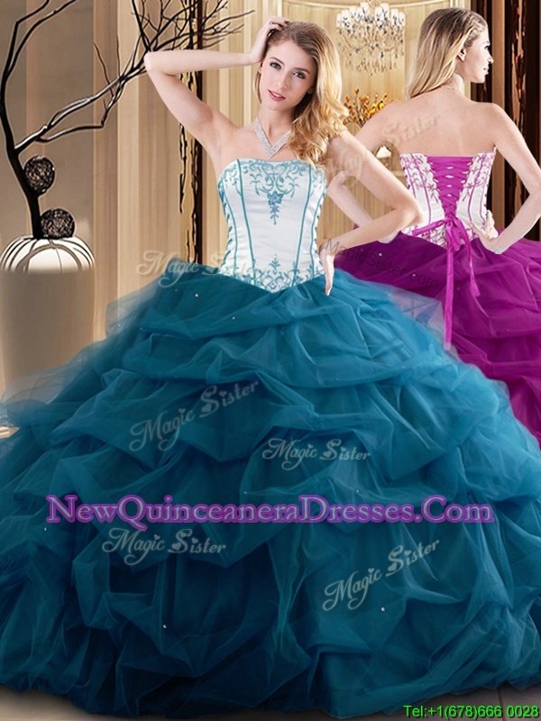 Stunning White and Teal Ball Gowns Embroidery and Ruffled Layers Ball Gown Prom Dress Lace Up Tulle Sleeveless Floor Length