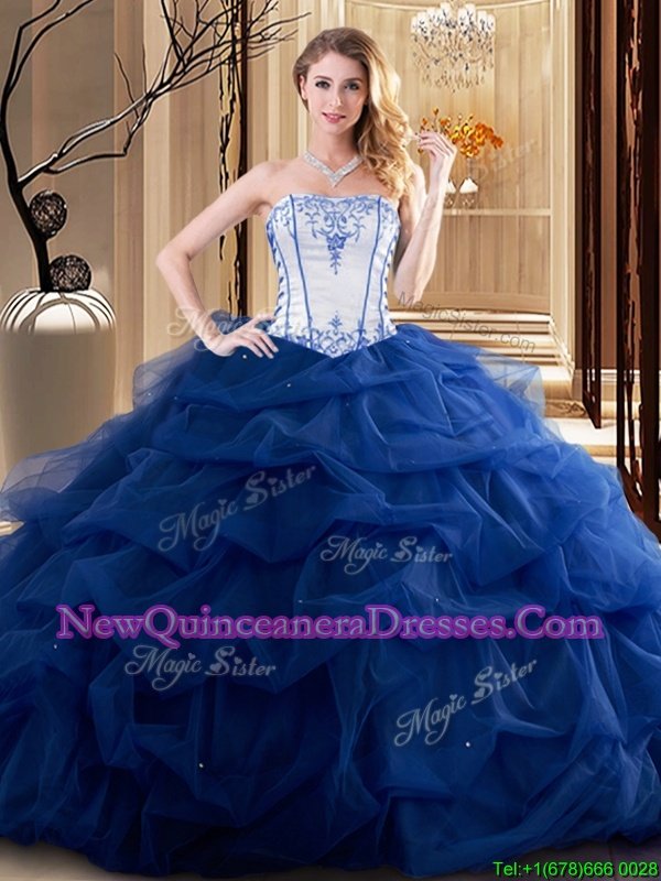 Glittering Tulle Strapless Sleeveless Lace Up Embroidery and Ruffled Layers Quinceanera Gown inBlue And White