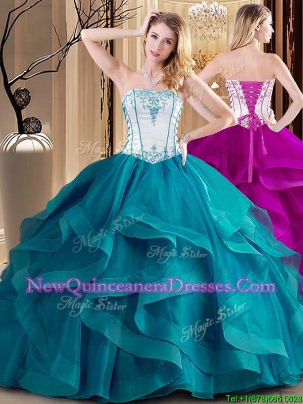 Hot Sale Floor Length Lace Up Quinceanera Gowns White and Teal and In for Military Ball and Sweet 16 and Quinceanera withEmbroidery