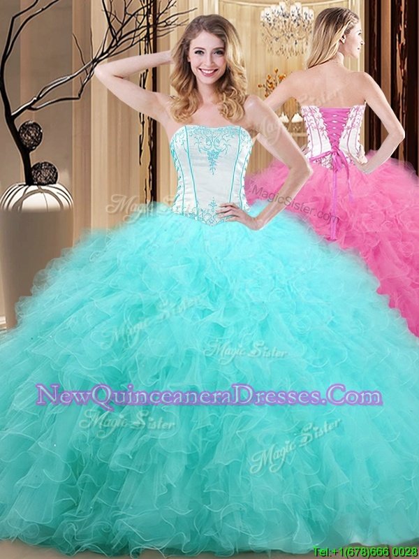 Attractive Blue And White Sweet 16 Quinceanera Dress Military Ball and Sweet 16 and Quinceanera and For withEmbroidery Strapless Sleeveless Lace Up