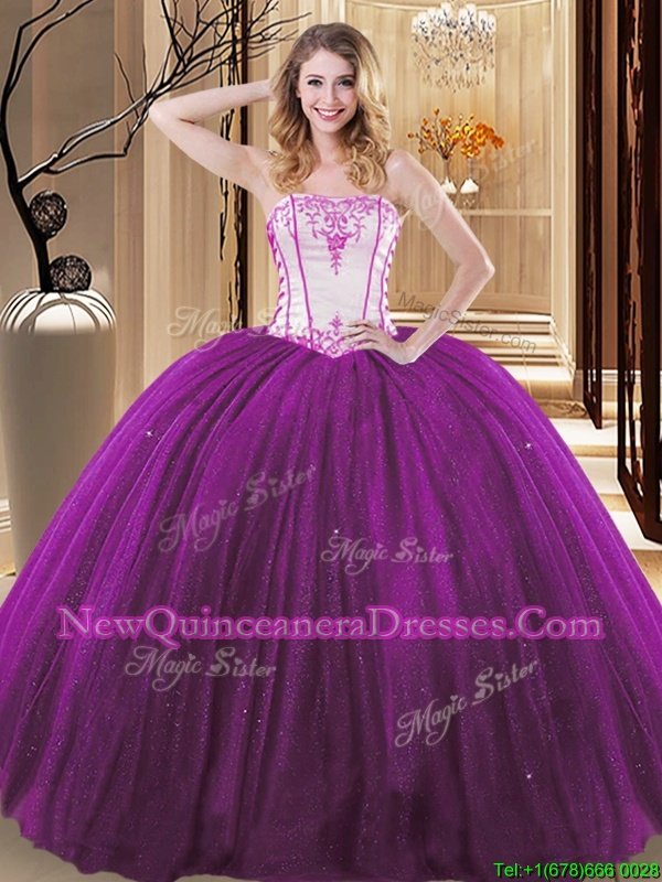 Beauteous Tulle and Sequined Strapless Sleeveless Lace Up Embroidery Quinceanera Gown in White And Purple