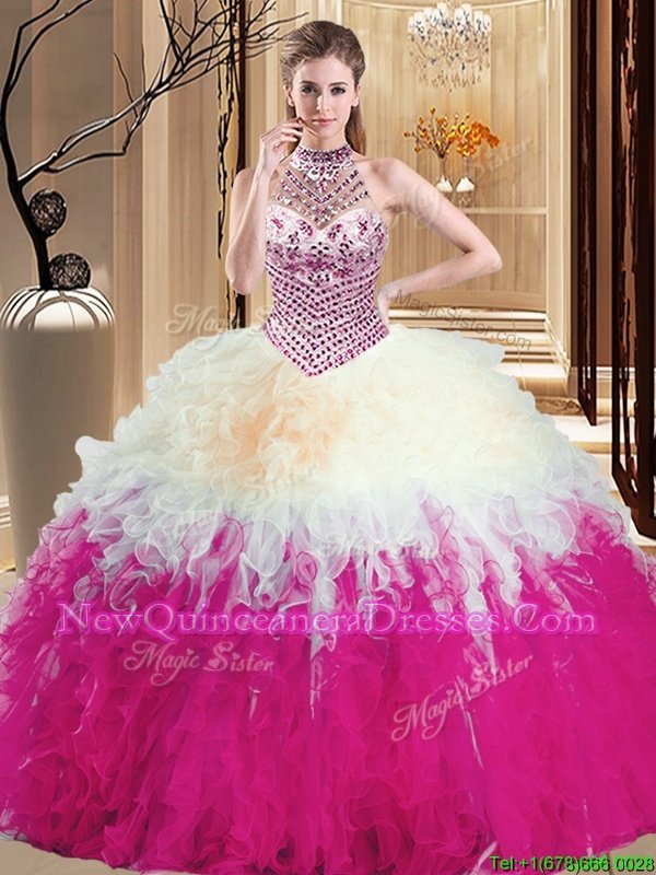 Pretty Halter Top Floor Length Lace Up Quinceanera Dress Multi-color and In for Military Ball and Sweet 16 and Quinceanera withBeading and Ruffles