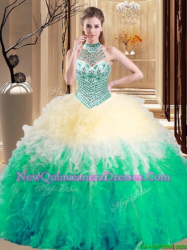 Great Halter Top Multi-color Sleeveless Floor Length Beading and Ruffles Lace Up Sweet 16 Quinceanera Dress