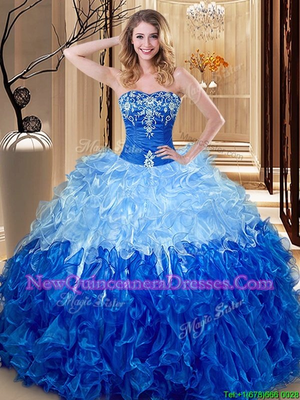 Low Price Floor Length Multi-color and Blue And White 15 Quinceanera Dress Organza Sleeveless Spring and Summer and Fall and Winter Embroidery and Ruffles