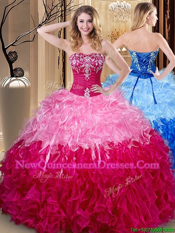 Suitable Multi-color Sleeveless Floor Length Embroidery and Ruffles Lace Up Quinceanera Gown