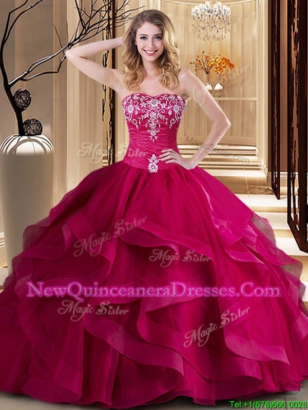 Fitting Sweetheart Sleeveless Sweet 16 Dresses Floor Length Embroidery and Ruffles Coral Red Tulle