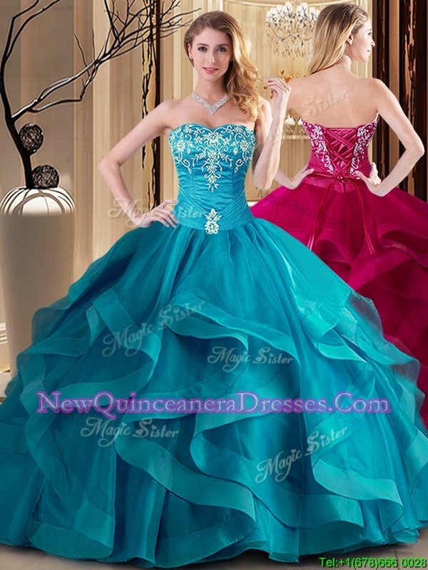 Flare Sleeveless Embroidery and Ruffles Lace Up Vestidos de Quinceanera