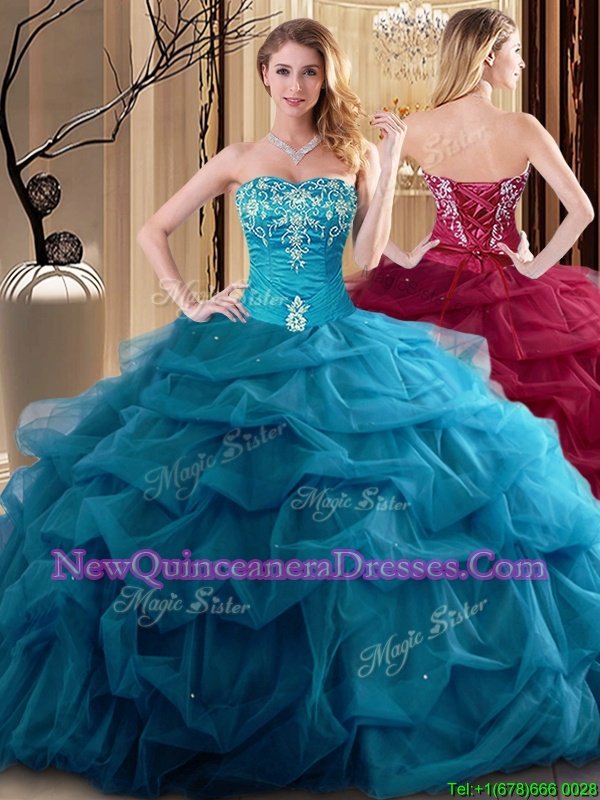 Stunning Tulle Sweetheart Sleeveless Lace Up Embroidery and Ruffles Vestidos de Quinceanera inTeal