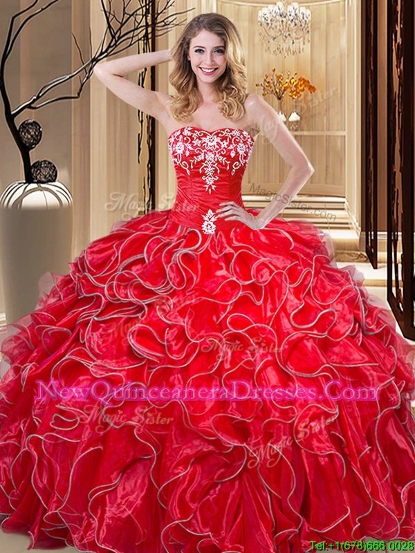 Shining Floor Length Lace Up 15 Quinceanera Dress Coral Red and In for Military Ball and Sweet 16 and Quinceanera withEmbroidery and Ruffles