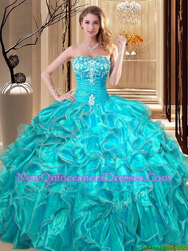 Pretty Aqua Blue Organza Lace Up Sweetheart Sleeveless Floor Length 15 Quinceanera Dress Embroidery and Ruffles