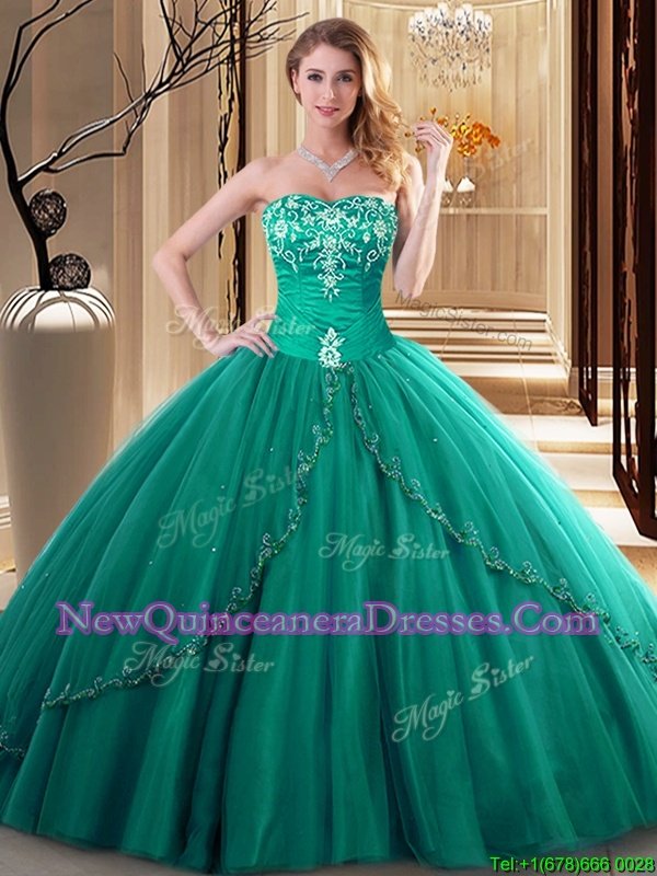 Fancy Dark Green Tulle Lace Up Sweetheart Sleeveless Floor Length Ball Gown Prom Dress Embroidery