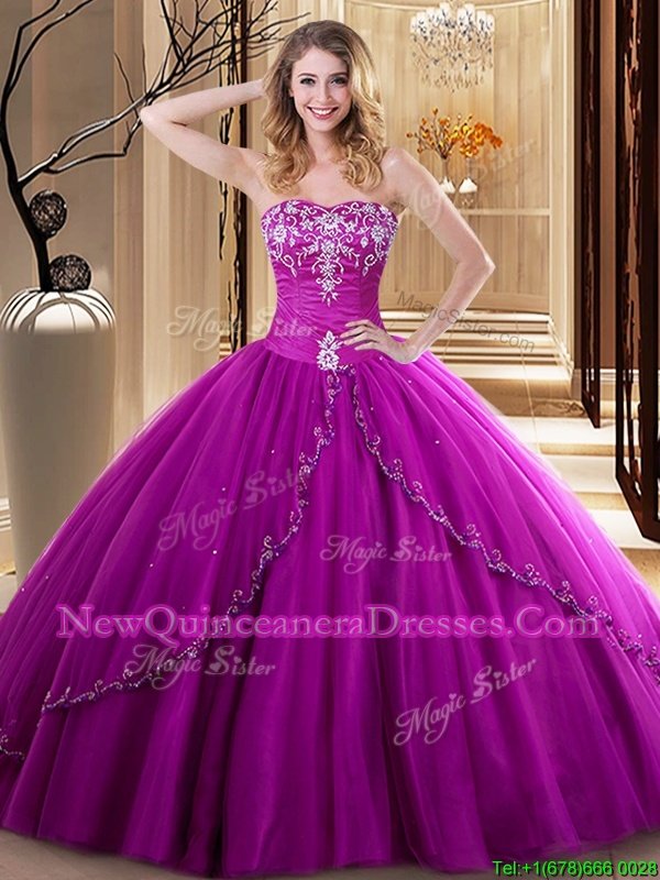 Extravagant Floor Length Fuchsia Quinceanera Dresses Tulle Sleeveless Spring and Summer and Fall and Winter Embroidery