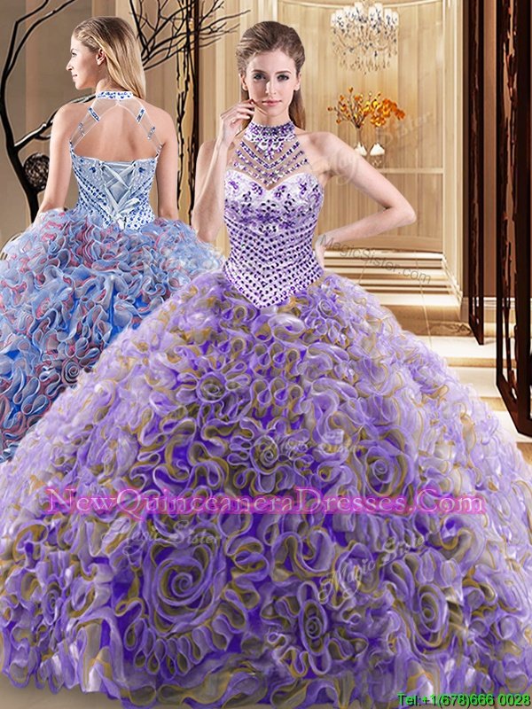 Pretty Multi-color Ball Gowns Halter Top Sleeveless Fabric With Rolling Flowers With Brush Train Lace Up Beading Ball Gown Prom Dress