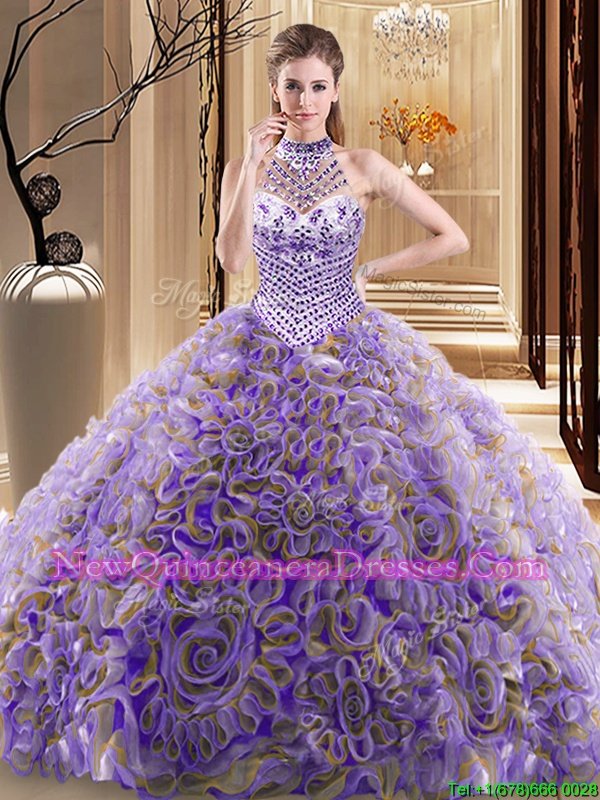 Excellent Halter Top Multi-color Ball Gowns Beading Sweet 16 Dresses Lace Up Fabric With Rolling Flowers Sleeveless With Train