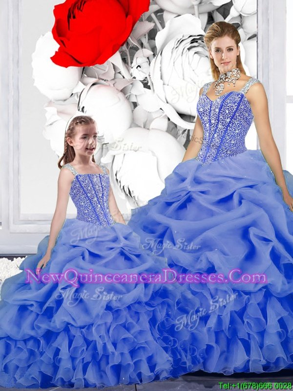 Hot Selling Pick Ups Ball Gowns Sweet 16 Quinceanera Dress Blue Straps Organza Sleeveless Floor Length Lace Up