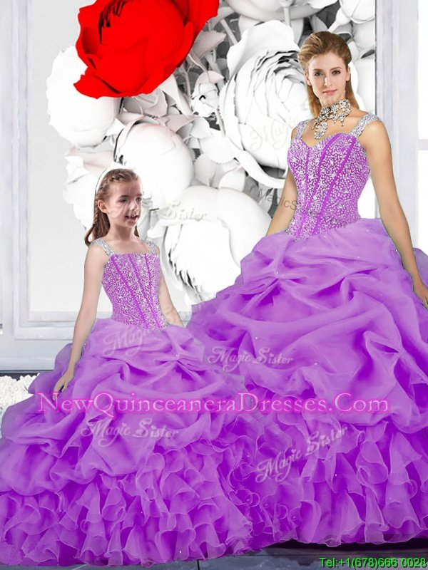 Purple Straps Neckline Beading and Ruffles and Pick Ups Sweet 16 Dresses Sleeveless Lace Up