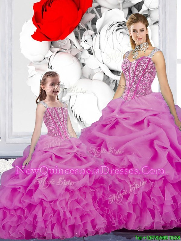 Wonderful Fuchsia Straps Lace Up Beading and Ruffles and Pick Ups Sweet 16 Dresses Sleeveless