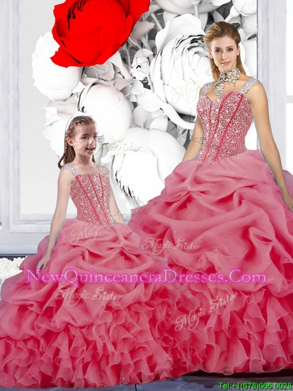 Modern Straps Straps Rose Pink Ball Gowns Beading and Ruffles and Pick Ups Sweet 16 Dress Lace Up Organza Sleeveless Floor Length