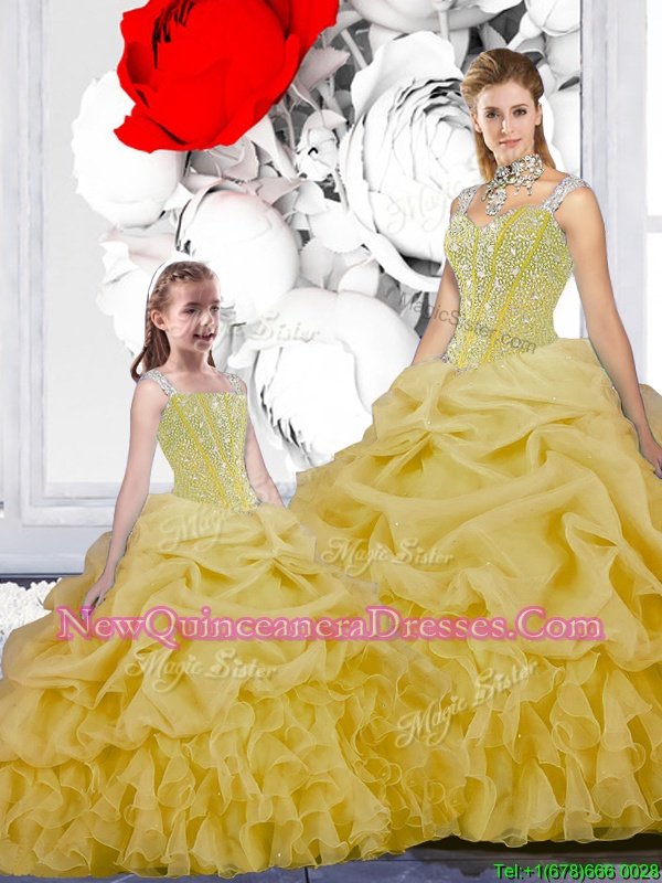 Enchanting Yellow Organza Lace Up Straps Sleeveless Floor Length Sweet 16 Dresses Beading and Ruffles and Pick Ups