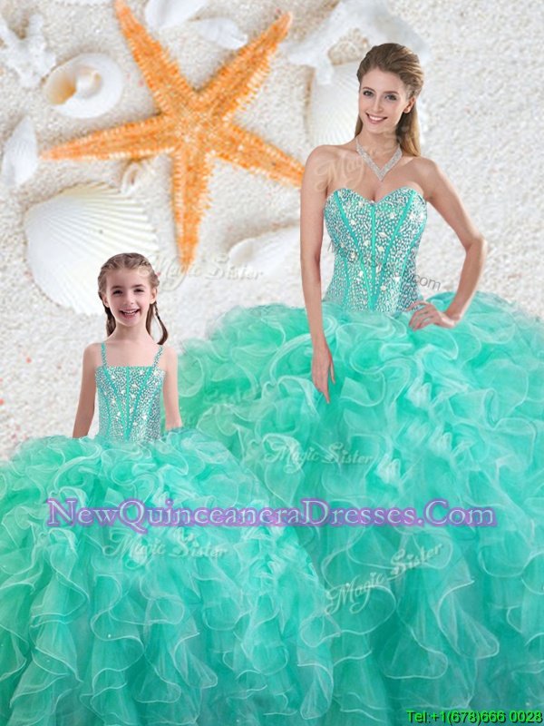 Flare Turquoise Organza Lace Up Sweet 16 Quinceanera Dress Sleeveless Floor Length Beading and Ruffles