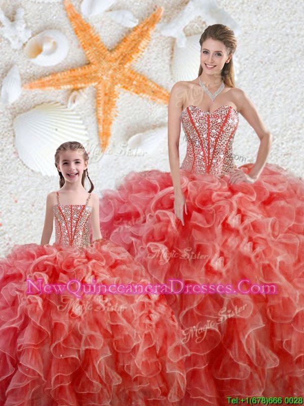 Beautiful Ball Gowns Vestidos de Quinceanera Coral Red Sweetheart Organza Sleeveless Floor Length Lace Up