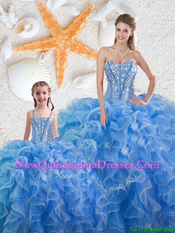 Sweet Baby Blue Ball Gowns Organza Sweetheart Sleeveless Beading and Ruffles Floor Length Lace Up 15th Birthday Dress