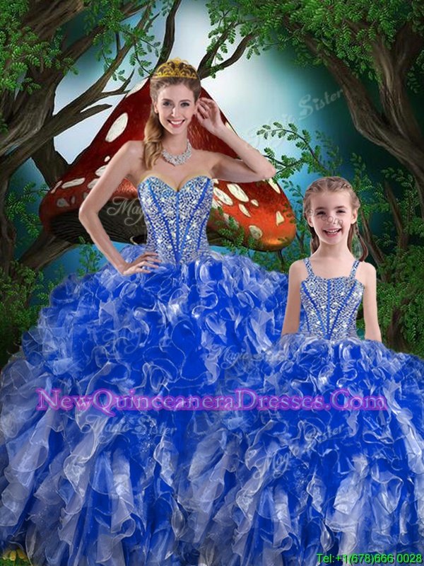 Suitable Sleeveless Floor Length Beading and Ruffles Lace Up 15 Quinceanera Dress with Navy Blue