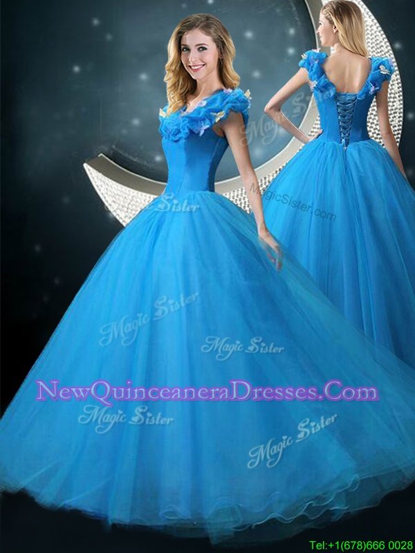 New Arrival V-neck Cap Sleeves Lace Up Ball Gown Prom Dress Blue Tulle